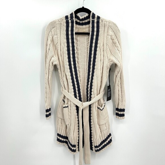 NWT CHASER Cream Navy Blue Chunky Cable Knit Waist Tie Cardigan Sweater Small - Picture 3 of 9
